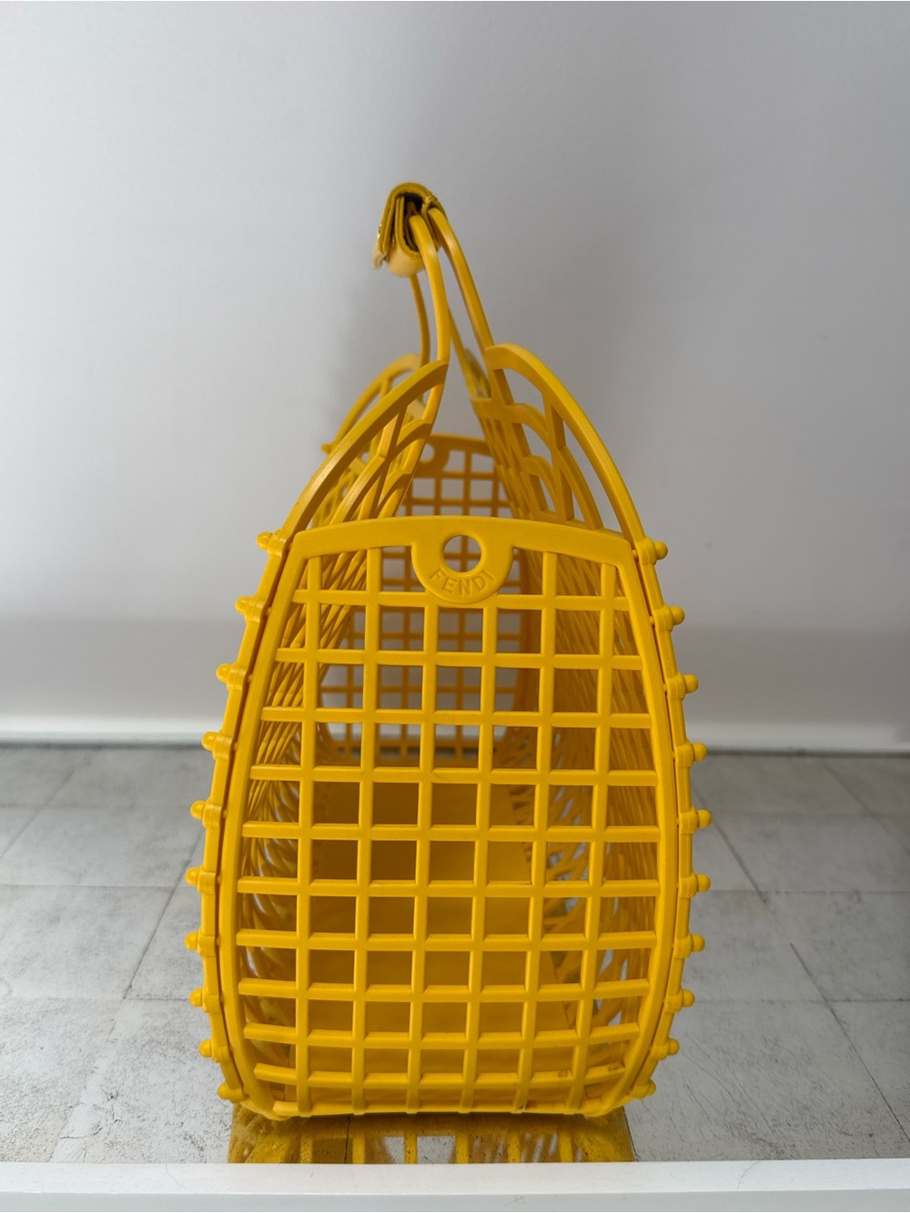 Fendi Bright Yellow Lattice Tote with Logo Medallion - Picture 3 of 7